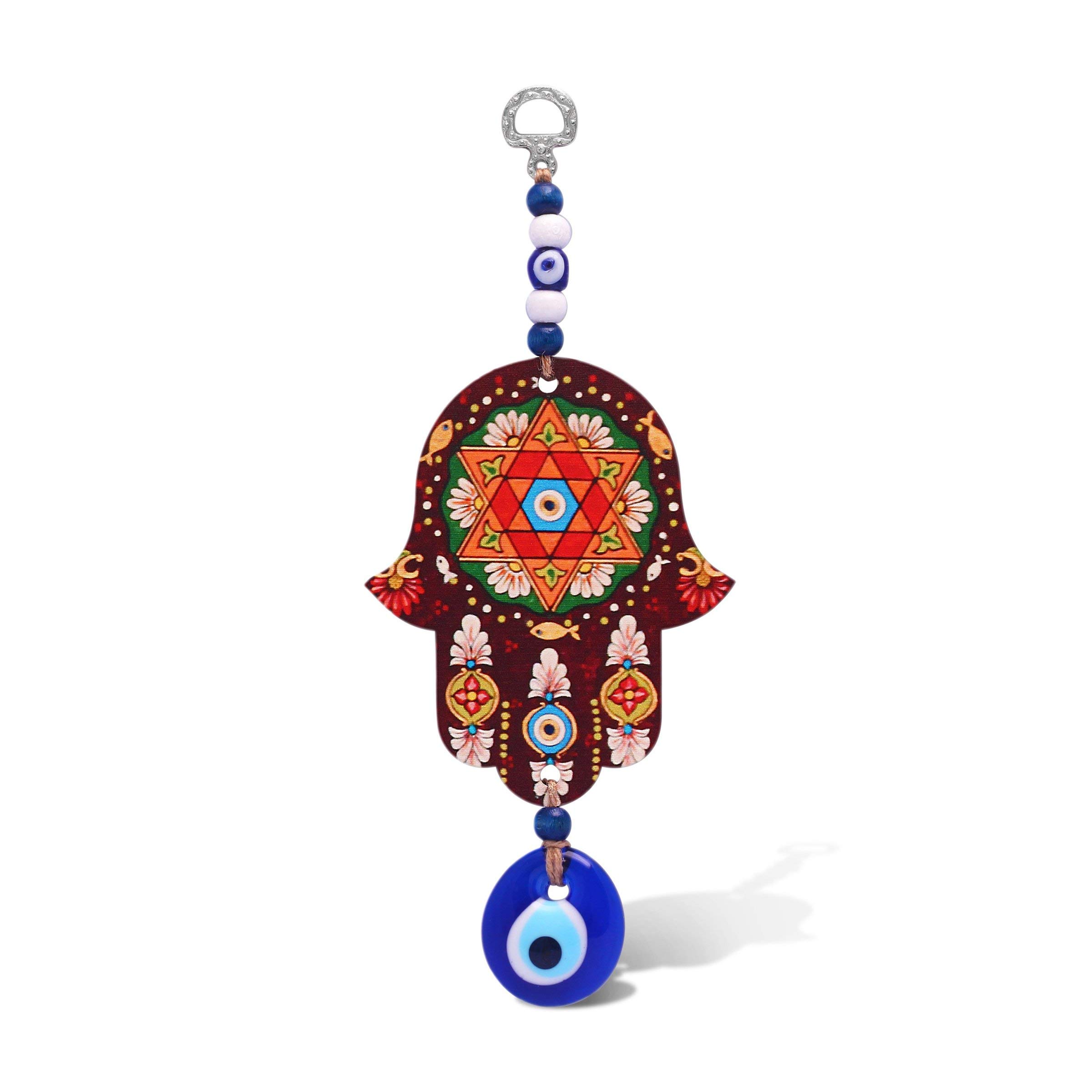 MYSTIC JEWELS Fatima Hand Hamsa in Wood with Turkish Eye for Good Luck and Energy at Home 22x10cm
