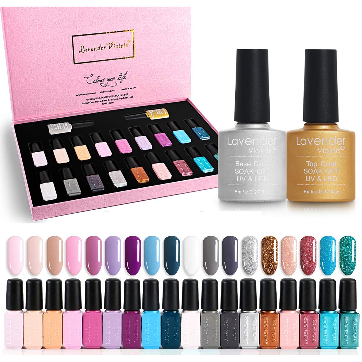 Lavender Violets Gel-Nail-Poish Kit 18-Color Soak off UV LED Nail Gel with No Wipe Base and Top Coat Safe to Use F984 : Beauty