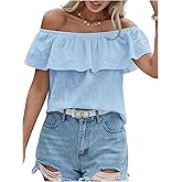 MakeMeChic Women's Ruffle Trim Off Shoulder Blouse Short Sleeve Casual Shirt Summer Tops
