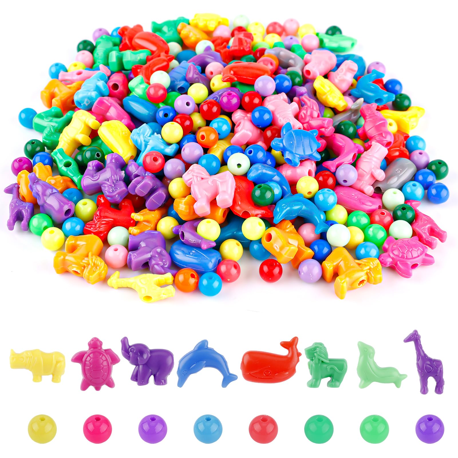 XIHIRCD 100pcs Animal Shaped, 200pcs Round Plastic Colorful Craft Beads for Jewelry Making