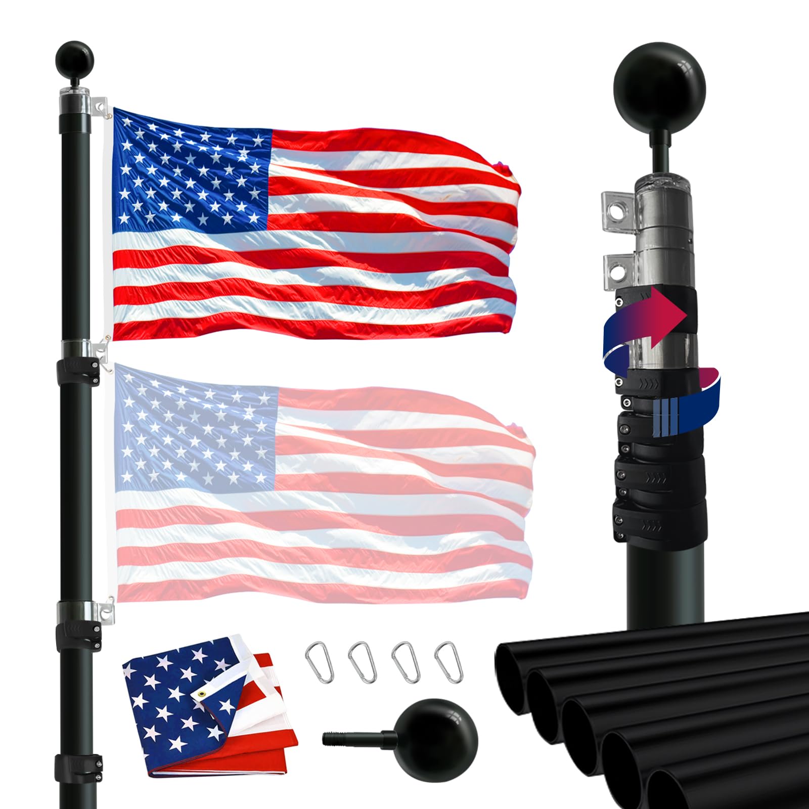 Photo 1 of Hooomyai 20FT Telescopic Flag Pole Kit, Heavy Duty Aluminum Telescoping Flagpole Kit Fly 2 Flags, Outdoor In Ground Flagpole with 3x5 USA Flag & Black Ball Top for Residential or Commercial, Black