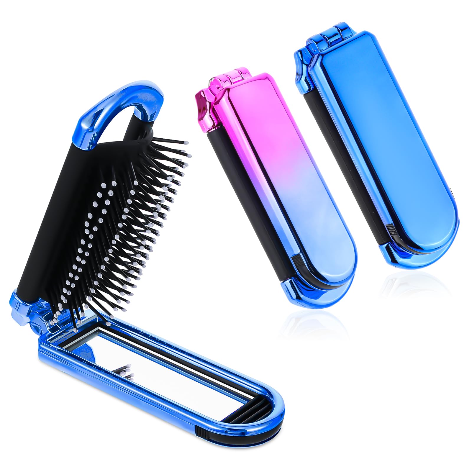 Travel Hair Brush with Mirror, Foldable Wet Compact Brush for Women and Men (Pink and Blue)