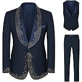 Manviss Mens Luxury 3 Pieces Suit with Rhinestone Slim Fit Shawl Lapel Blazer Jacket Vest Pants Set for Prom,Party,Dinner