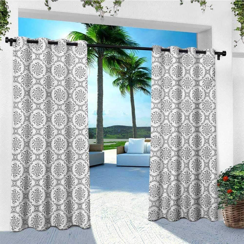 leinuoyi Floral, Outdoor Curtain Panels Set of 2, Classic Floral Design with Embroidery Theme Monochrome Illustration Vintage Pattern, Set for Patio Waterproof W96 x L96 Inch Grey White