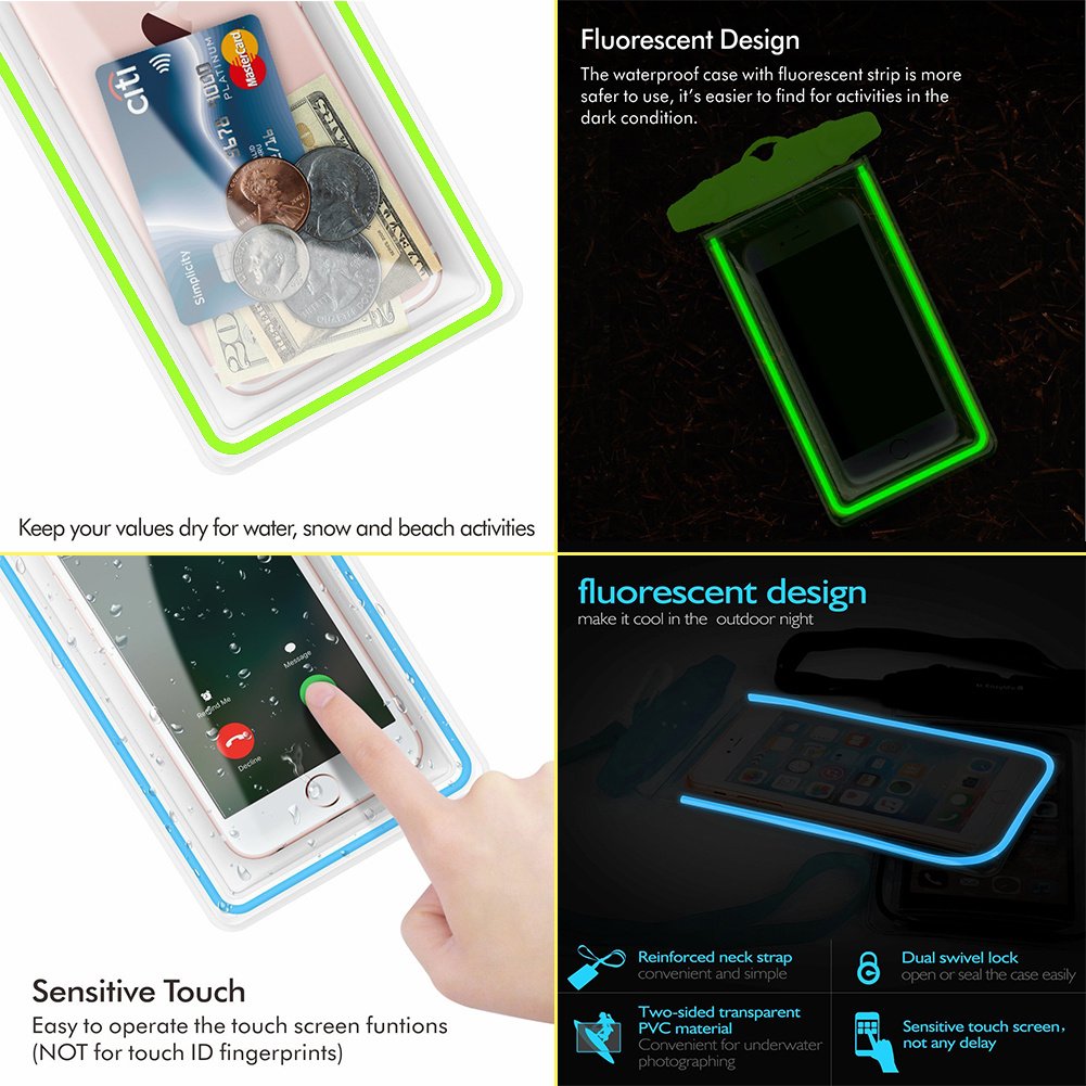 FIRSTBUY waterproof case Universal Waterproof Phone Pouch IPX8 phone Case Clear Sensitive PVC Screen Dry Bag for iPhone X/8/8PLUS/7/7PLUS/6S Samsung Galaxy S9/S8/S7 HTC10 Google Sony Nokia (2 pack)