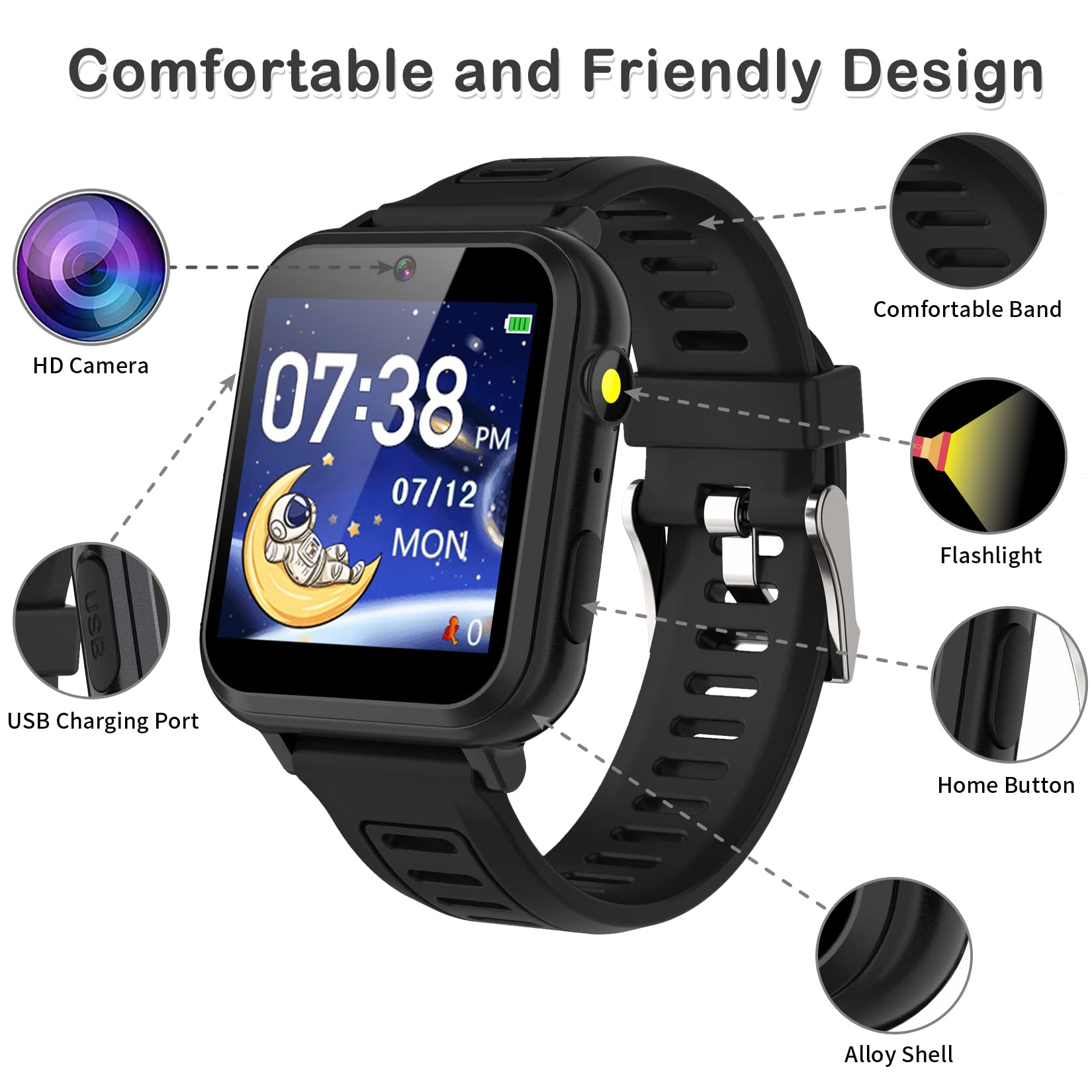 Phyulls Smart Watch for Kids, Smart Watch Toys with 39 Games Camera Video Recorder Music Alarm Calculator Calendar Flashlight Stopwatch Pedometer Gift Toys for 3-12 Years Old Boys and Girls (Black)