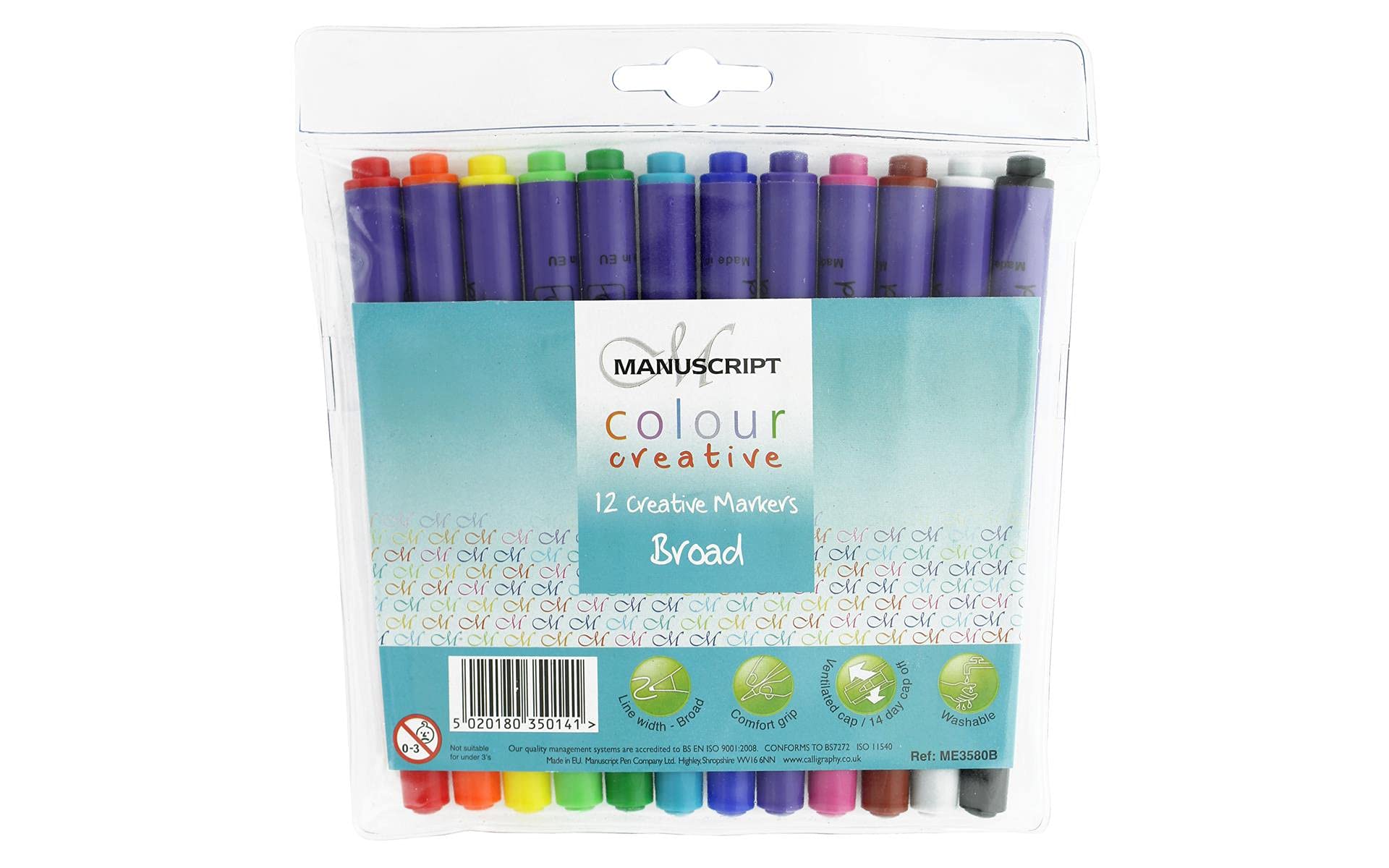 Manuscript Pen Company Callicreative Broad Pens with 2mm Felt Tips, Twelve Variety of Shades – Ideal for Everyday Drawing and Colouring, Card, Assorted, 150mm X 170mm X 15mm, ME3580B