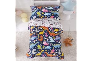 Joyreap 4 Piece Toddler Bedding Set, Standard Size Colorful Dinosaur Printed on Navy, Includes Quilted Comforter, Fitted Sheet, Top Sheet, and Pillow Case for Boys n Girls