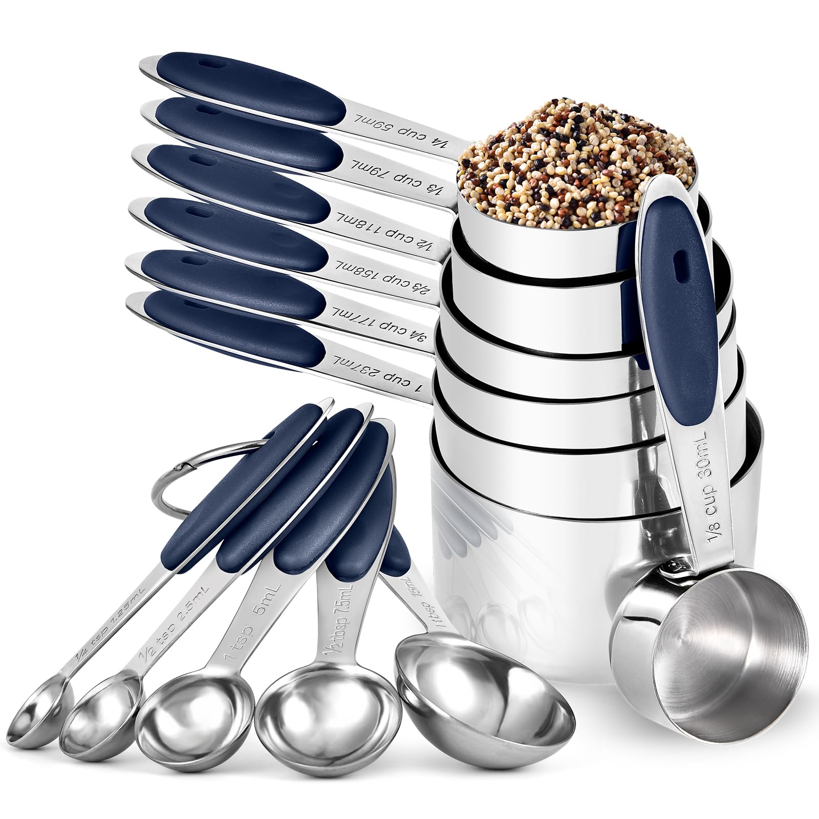 U-Taste 18/8 Stainless Steel Measuring Cups and Spoons Set of 12, Baking & Cooking, 7 Measuring Cups & 5 Measuring Spoons (Midnight Blue)