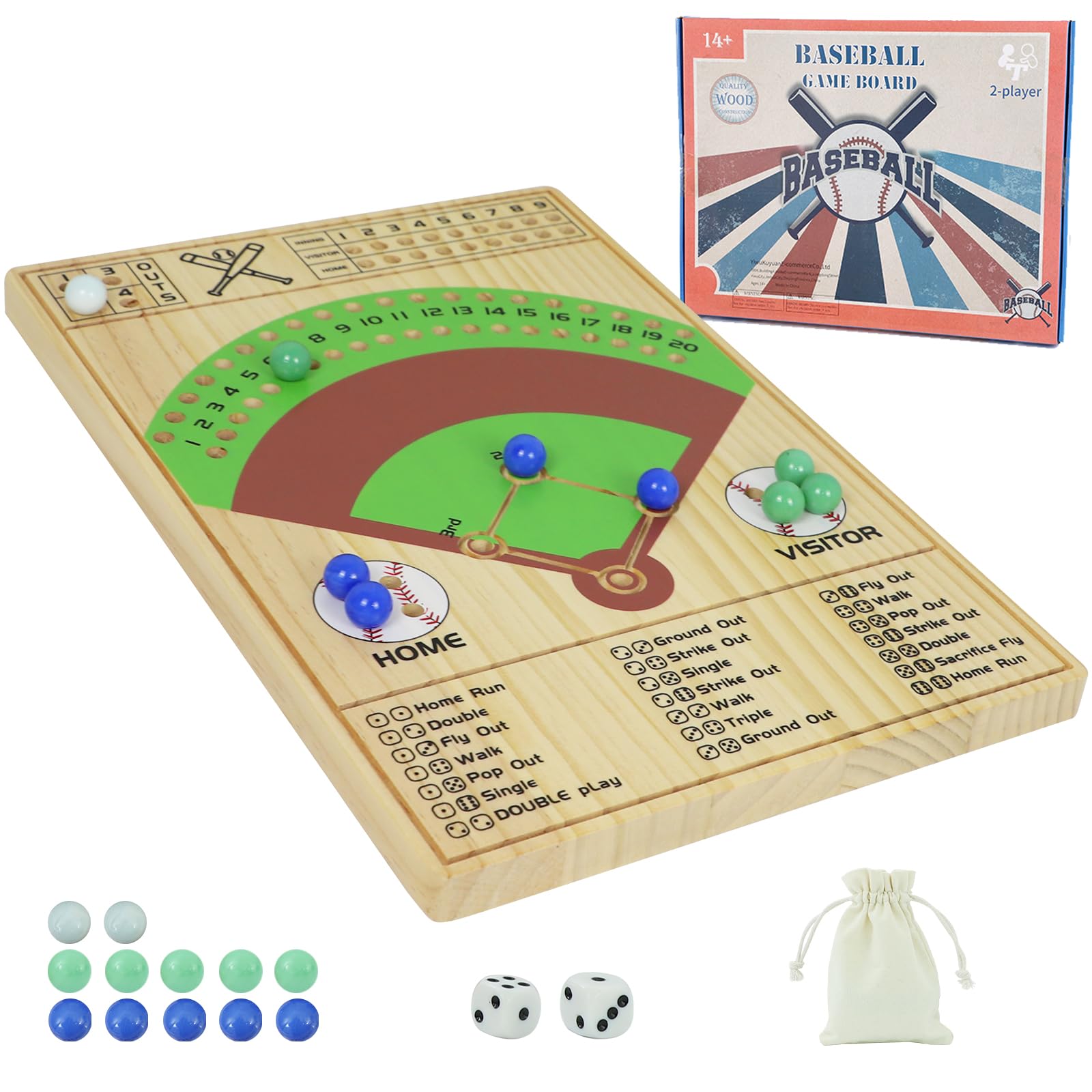 Photo 1 of Medikaison Baseball Dice Board Game Solid Wood Dice and Marble Board Game Fun Double Battle Table Game for Adults Family, Party and Holiday Gatherings (Log Color)