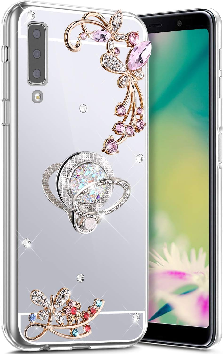 Robinsoni Case Compatible with Samsung Galaxy A7 2018 Phone Case Silicone TPU Cover Galaxy A750 Flexible Case 360 Degree Rotation Ring Case Kickstand Cover Sparkle Bling Cover Gel Soft Case Silver