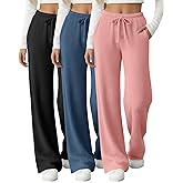Sweetyweee 3 Pack Women's Ribbed Knit Lounge Pants Comfy Wide Leg Slacks with Pockets Loose Yoga Sweatpants Casual Joggers