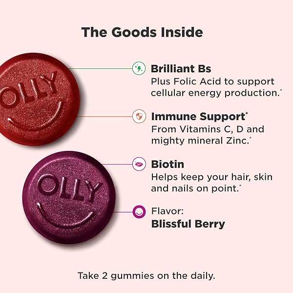 OLLY WOMEN’S DAILY MULTIVITAMIN GUMMY, VITAMINS A, D, C, E, BIOTIN, FOLIC ACID, ADULT CHEWABLE VITAMIN, BERRY FLAVOR, 65 DAY SUPPLY – 130 COUNT
