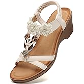 TETSUO Women Wedge Sandal Flower Low Heels Sandals Comfortable Summer Beach Walking Rhinestone Shoes for Women Open Toe Ankle Elastic Back strap T-Strap Dressy Bohemian Shoe
