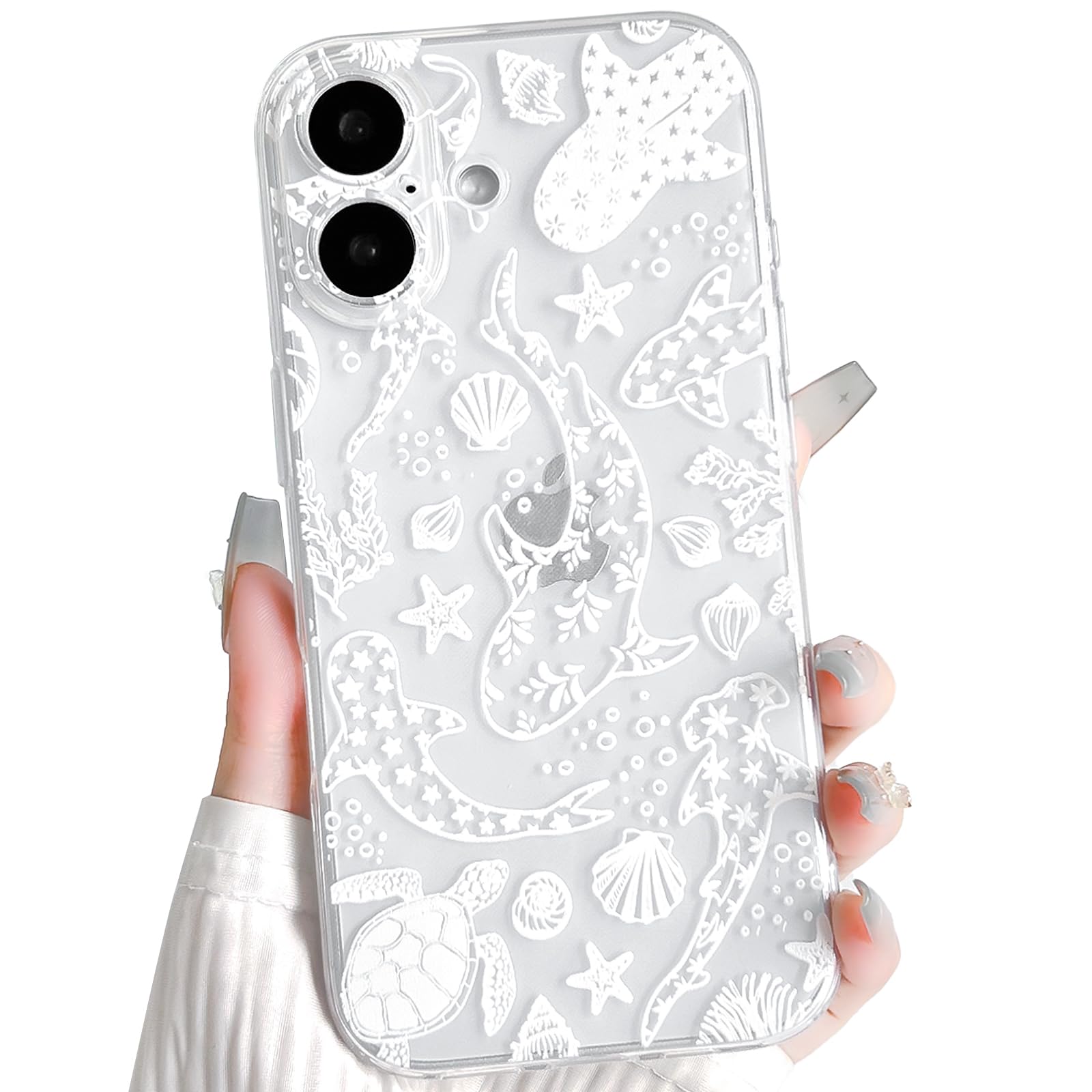 NITITOP Compatible with iPhone 17 Case Clear Cute Shell Whale Sea Ocean Animal Pattern for Women Girls Full Camera Lens Slim Shockproof Protective Phone Cover - White Turtle