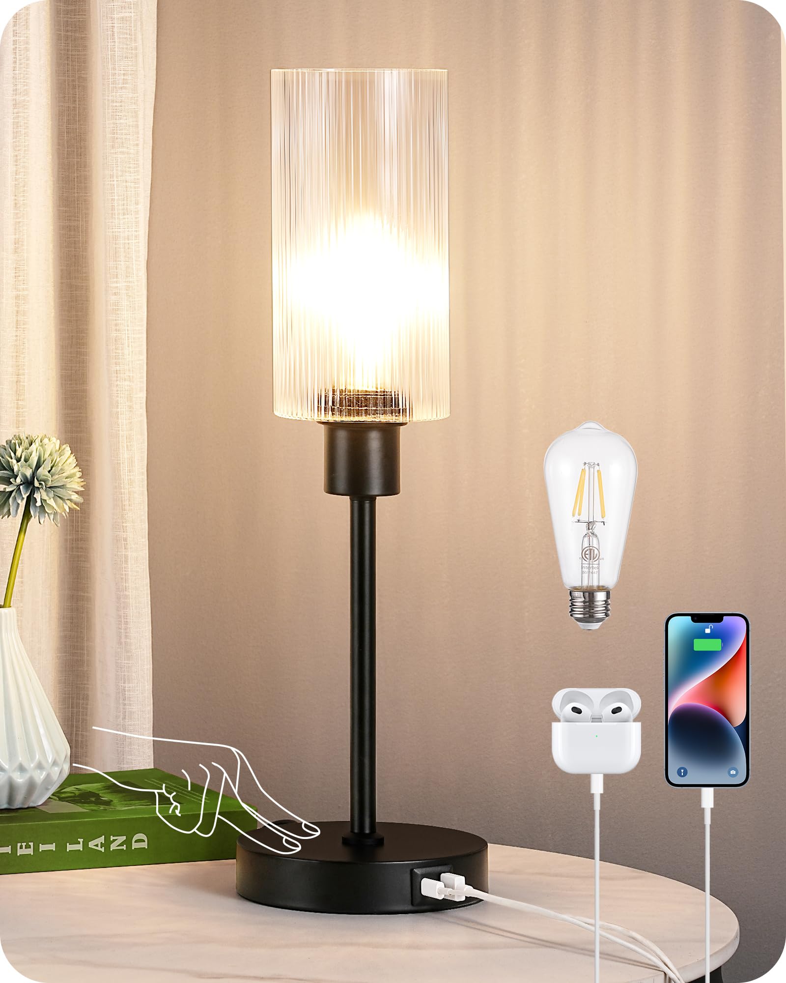Photo 1 of EDISHINE Table Lamp Touch Control, with USB C+A Charging Ports, 3 Way Dimmable Glass Bedside Lamp with Striped Glass Shade, Nightstand Lamp for Bedroom Living Room Office, Black