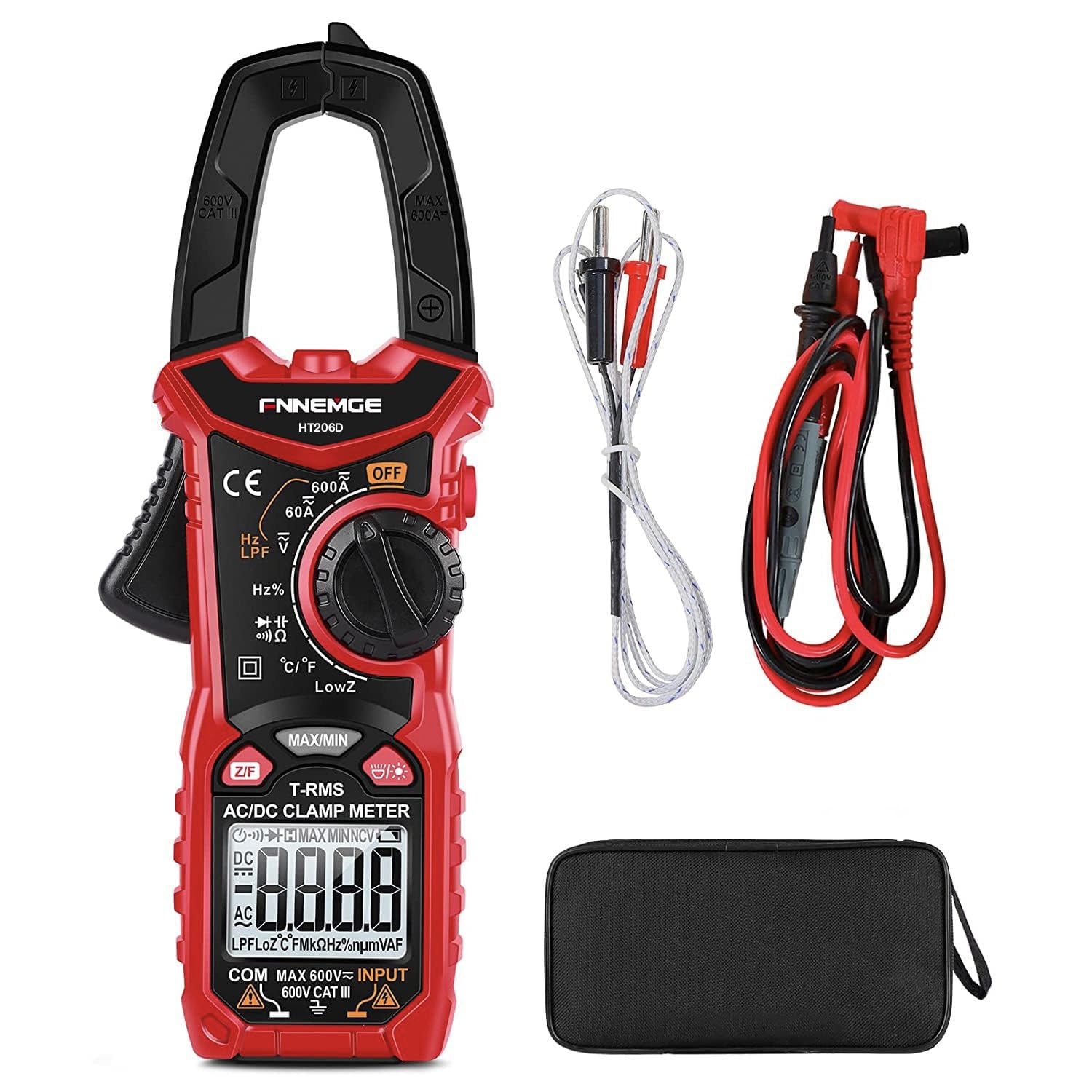 FNNEMGE HT206D Stromzange，Strommessgerät DC/AC Strom: 0-600A，Multimeter True-RMS 6000 Counts Auto-Ranging，misst Spannung Kapazität Durchgang (AC/DC-Strom)