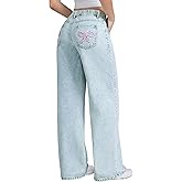 EXARUS Girls Wide Leg/Flare Jeans Bow Embroidery/Leopard Print Denim Pants with Pockets Casual for Kids 6-14Y