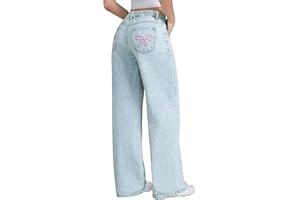 EXARUS Girls Wide Leg/Flare Jeans Bow Embroidery/Leopard Print Denim Pants with Pockets Casual for Kids 6-14Y