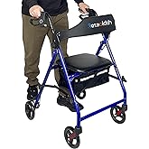 Foldable Rollator Walker with Seat for Seniors, All-Terrain Wheels, 350lb Capacity, Reinforced Inner Metal Rod for Easy Foldi