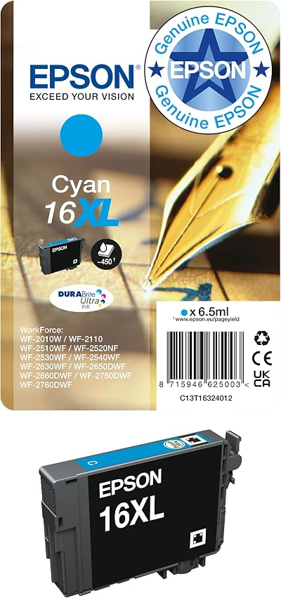Epson 16XL Cyan High Yield Pen & Crossword Ink Cartridge DURABrite Ultra XL