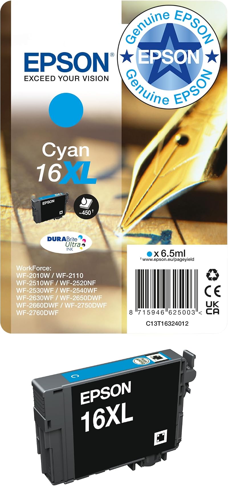 Epson 16XL Cyan High Yield Pen & Crossword Ink Cartridge DURABrite Ultra XL