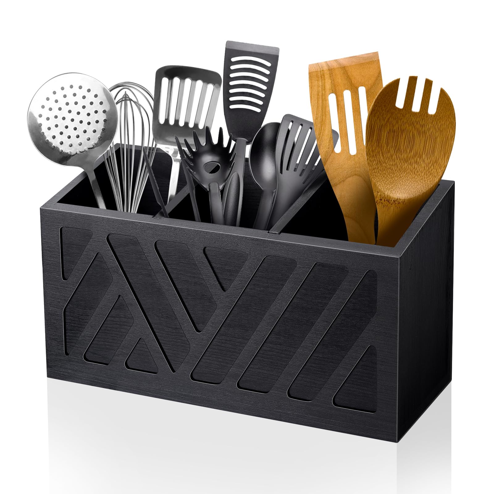 Photo 1 of ***CRACKED***MINCORD Utensil Holder Caddy with 3 Compartments, Wooden Flatware Cutlery Storage Organizer Box Countertop for Silverware Fork Spoon Spatula***CRACKED***