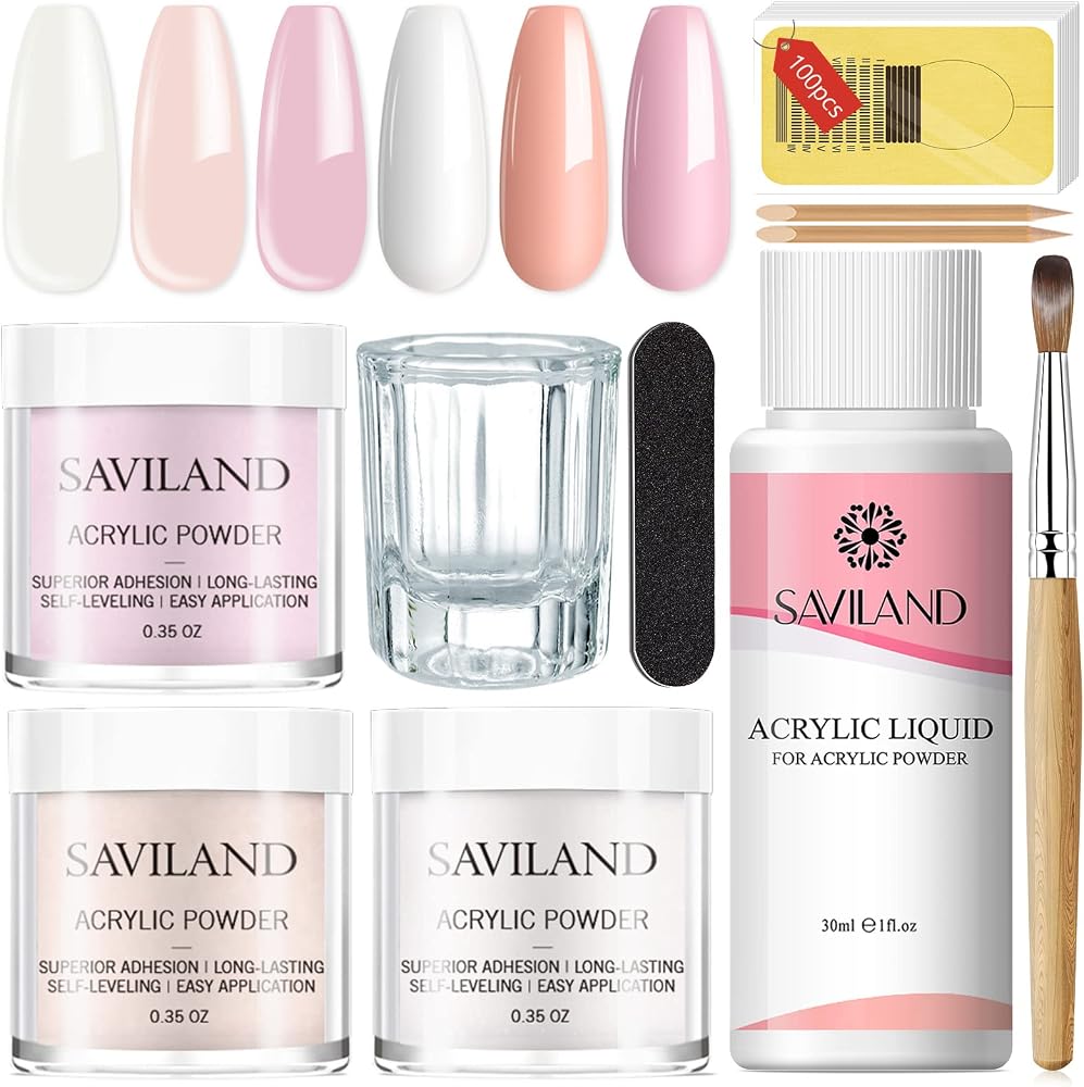 Saviland Acrylic Nail Starter Kit: Clear Pink Nude | Acrylic Powder & Liquid, Brush, Files, Forms, Press On Nails, Home Pract