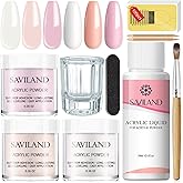 Saviland Acrylic Nail Starter Kit: Clear Pink Nude | Acrylic Powder &amp; Liquid, Brush, Files, Forms, Press On Nails, Home Practice Set