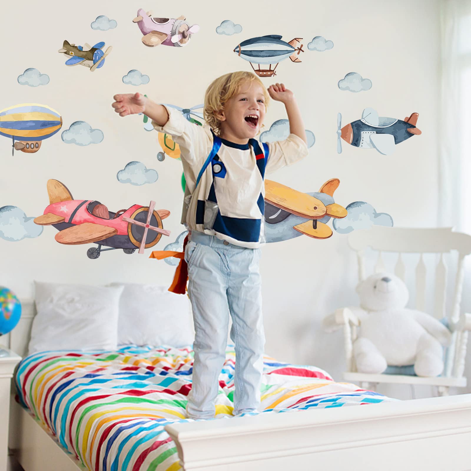 SUPERDANT Watercolor Airplane Wall Decals Plane Wall Stickers Colorful Clouds Cute Helicopter Vinyl Art Decor for Kids Room Nursery Classroom Playroom Baby Room Decor