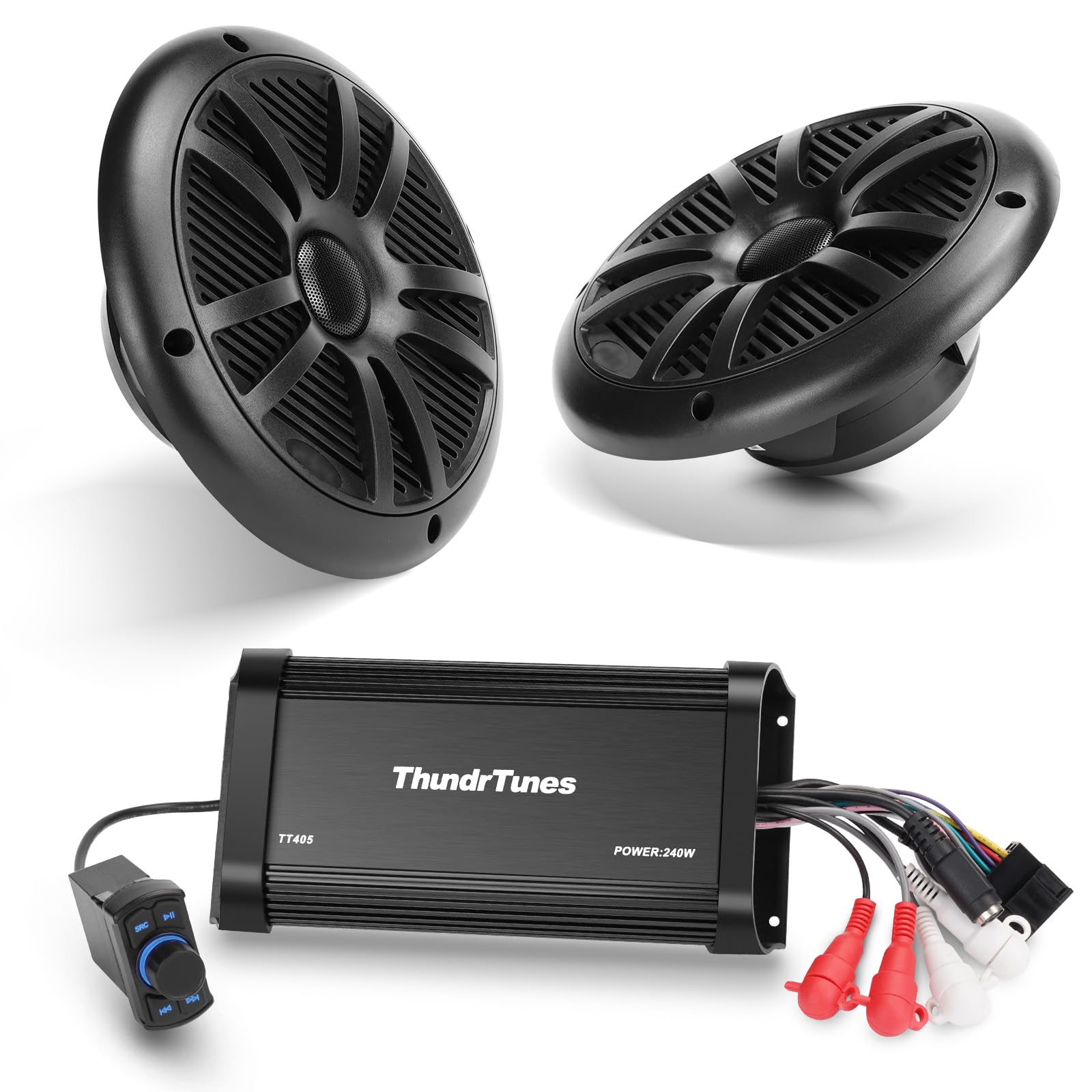 Photo 1 of ThundrTunes Marine Powersport Bluetooth Amplifier Audio System with 2pcs Black Speakers, Class D 60W x 4 CH, Switch Mount, Suitable for Motorcycle, UTV, ATV, Boat