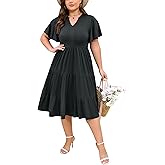 Actcat Plus Size Casual Dresses for Women Summer V Neck Ruffle Short Sleeve Tiered Swing Midi Dress with Pockets