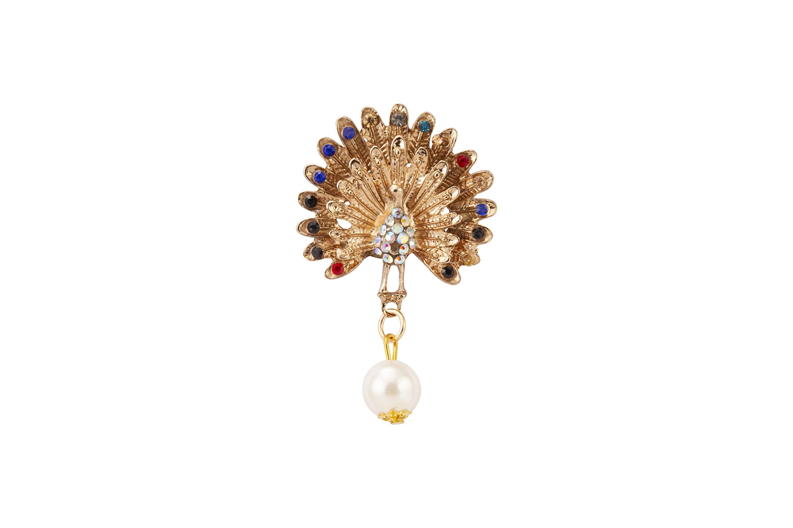 Brooch Lapel Pin for Men Dancing Peacock with Multi Colour Stones and Hanging Pearl Lapel Pin for Men and Women LP-49