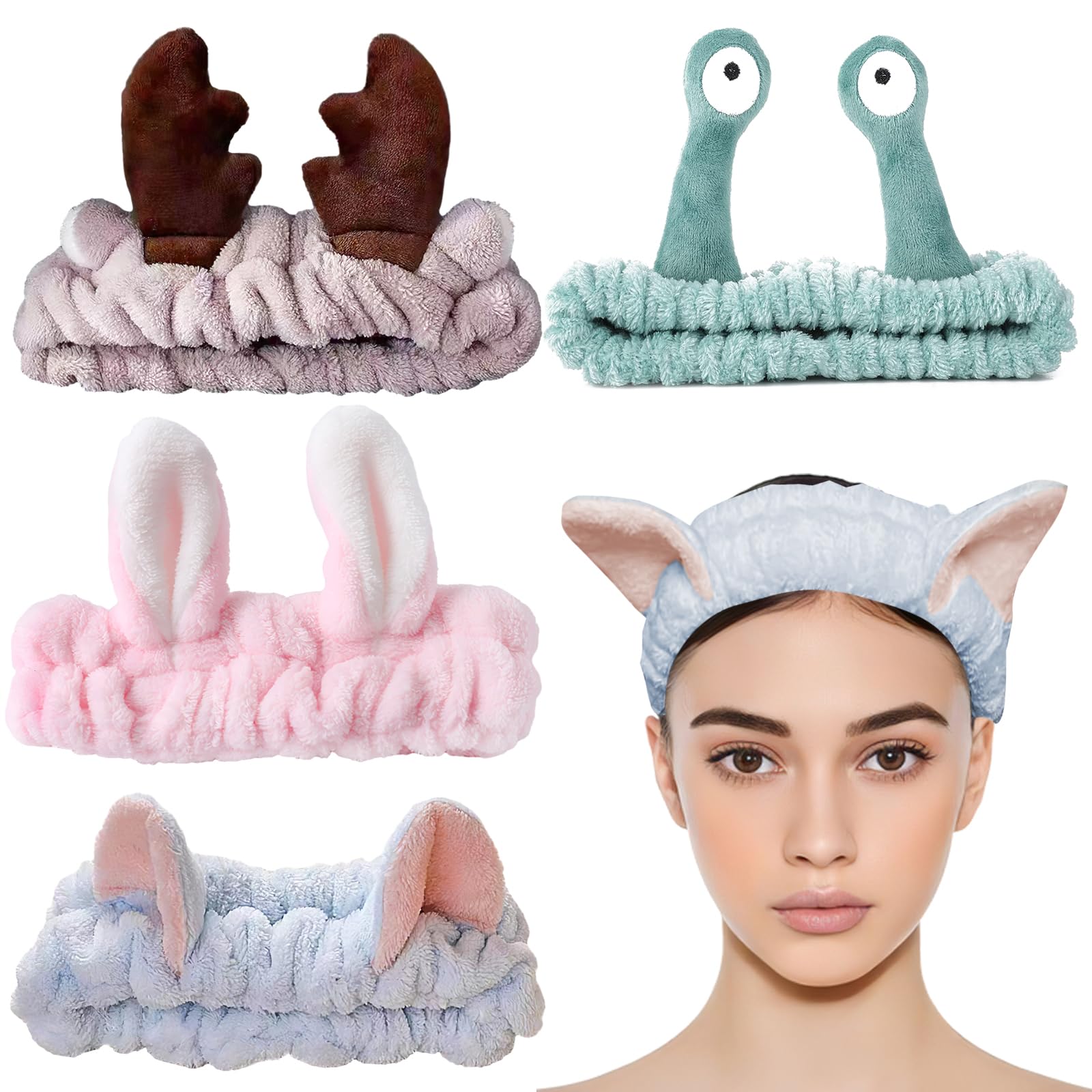 EULAPGOE Skincare Face Wash Bands, Bunny Ears & Cat Ear Headbands (4 Pcs) for Women & Girls - Shower, Sports & Beauty Use