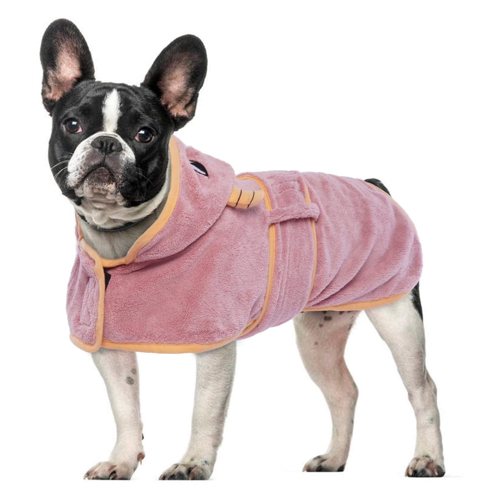 OUOBOB Dog Drying Coat, Bathrobe for Drying Dogs, Pink Towels for Medium Dogs, Microfibre Dog Robe Super Absorbency with Hood & Adjustable Belly Straps for Frenchie, Beagle, Boston Terrier M