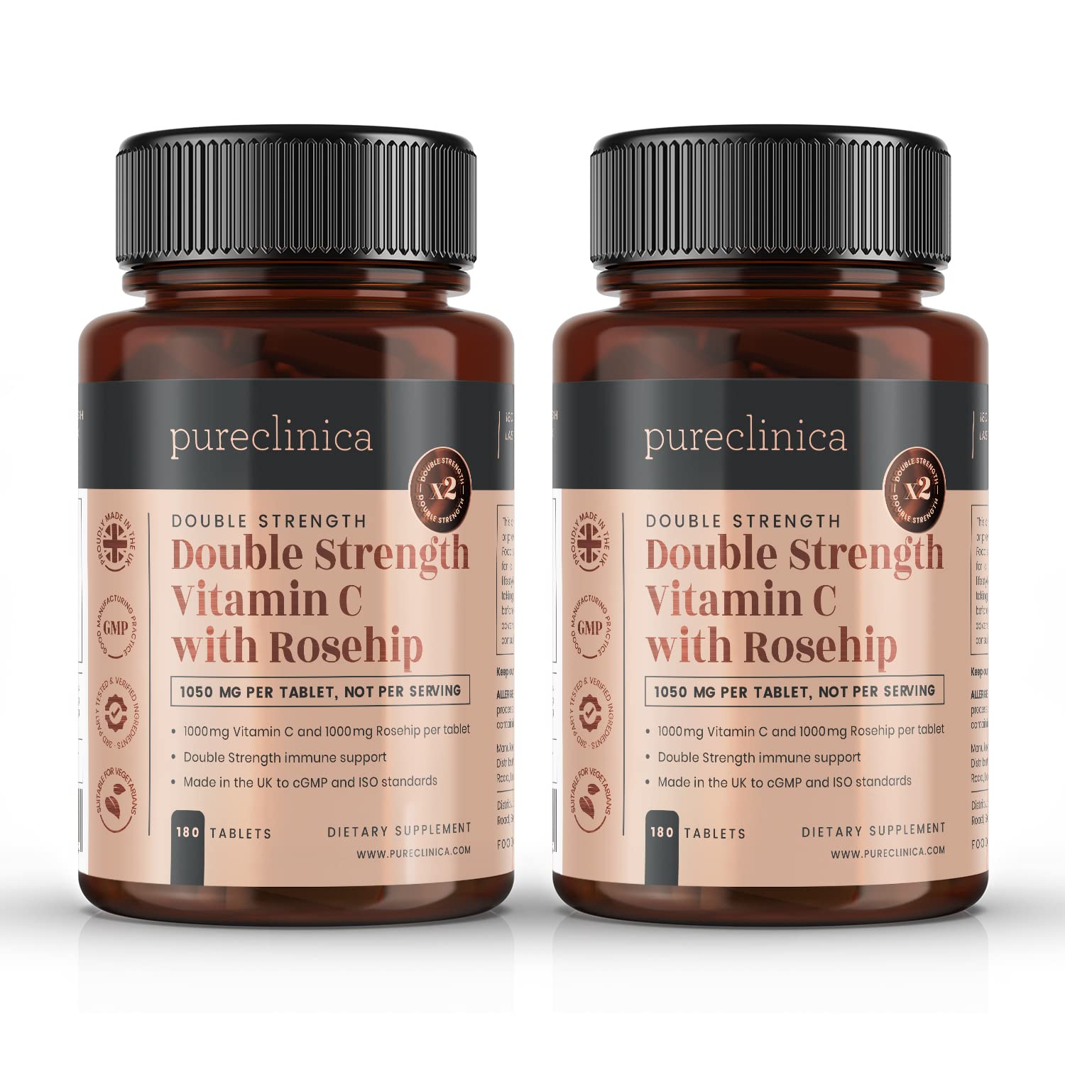 Vitamin C with Rosehip - 2000mg (1000mg VIT C & 1000mg Rosehip Extract) x 360 Tablets (2 Bottles of 180) - 12 Months Supply