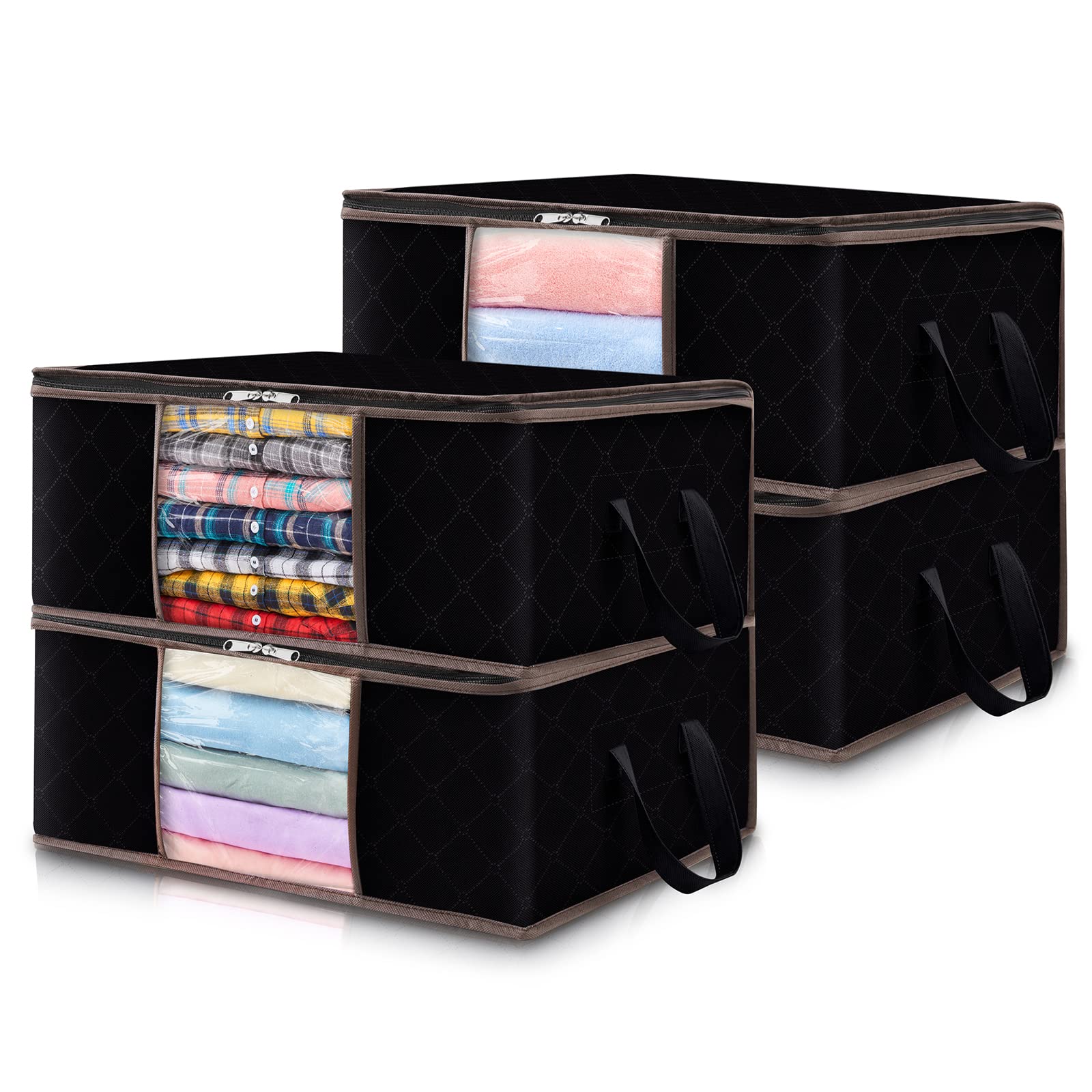 Lifewit 35L 4 Pack Clothes Storage Bag, Foldable Storage Boxes Wardrobe Storage Organiser Moving Bag with Reinforced Handle Sturdy Fabric Clear Window for Towel, Sweater, Bedding, Toys, Black