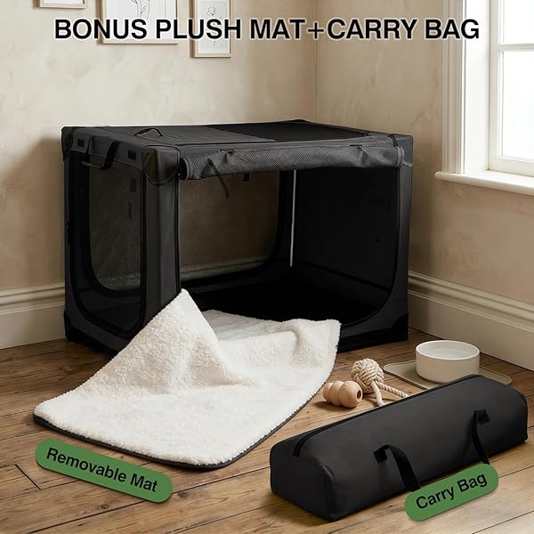 VERASTE 42″ L X 31″ W X 31″ H COLLAPSIBLE TRAVEL DOG CRATE, QUICK-SETUP PORTABLE SOFT DOG KENNEL FOR LARGE DOGS UP TO 90 LBS, 4-DOOR FOLDABLE TRAVEL CRATE WITH STORAGE BAG, BLACK