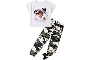 MKSODOPY mksodop Girls Clothes 2Piece,Teen Girls clothes Fashion Printed T-Shirt and Camouflage Pants Girls Outfits Set
