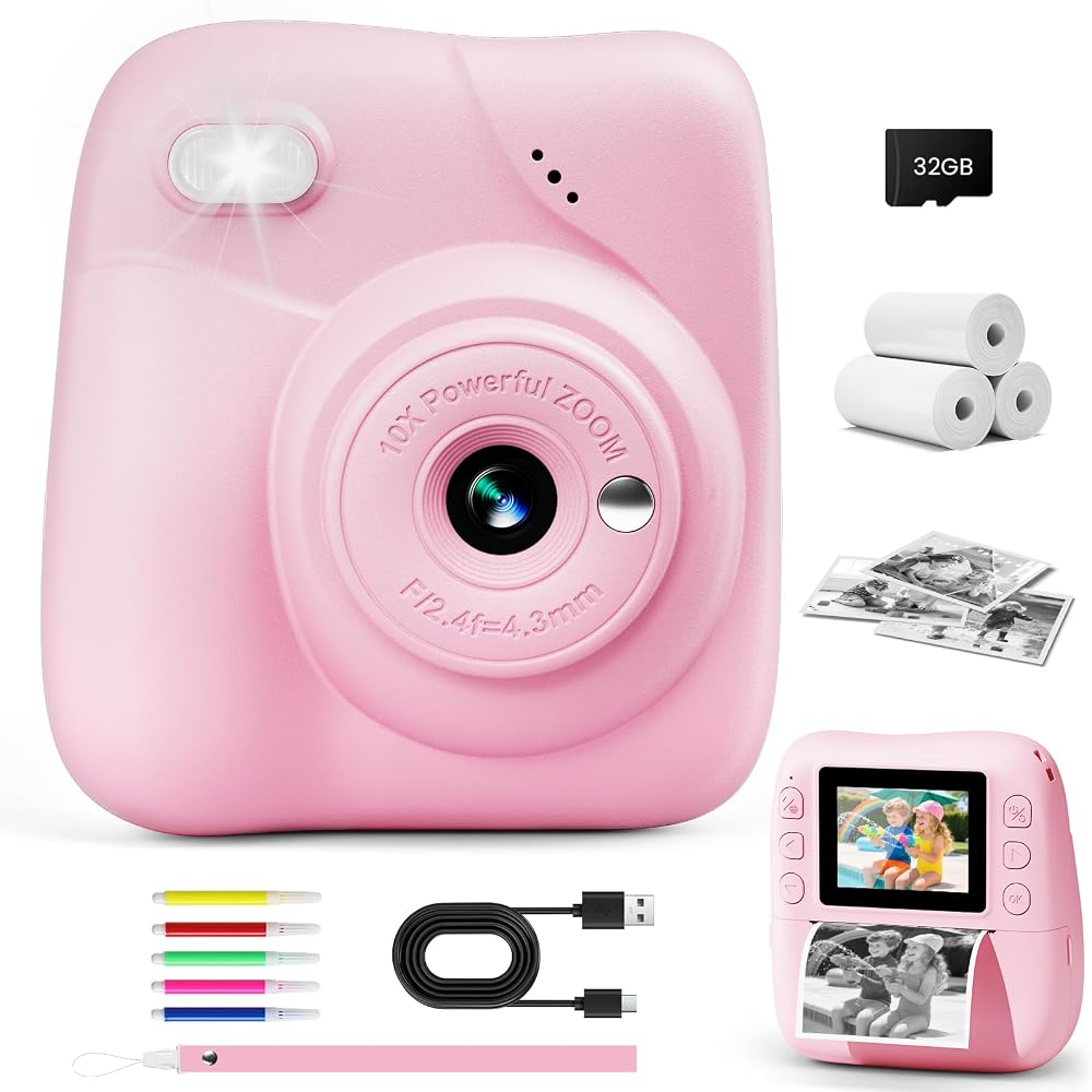 CAMCLID Kids Camera Instant Print 1080P 32GB Pink 2.0" Screen