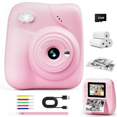 CAMCLID Kids Camera Instant Print 1080P 32GB Pink 2.0" Screen