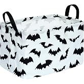 KUNRO Halloween Storage Basket With Handles, Black Bat Pattern Foldable Fabric Organizer Bin, Gift Basket for Toys Clothes Blankets, Shelf Closet Bedroom Laundry Room Home Decor