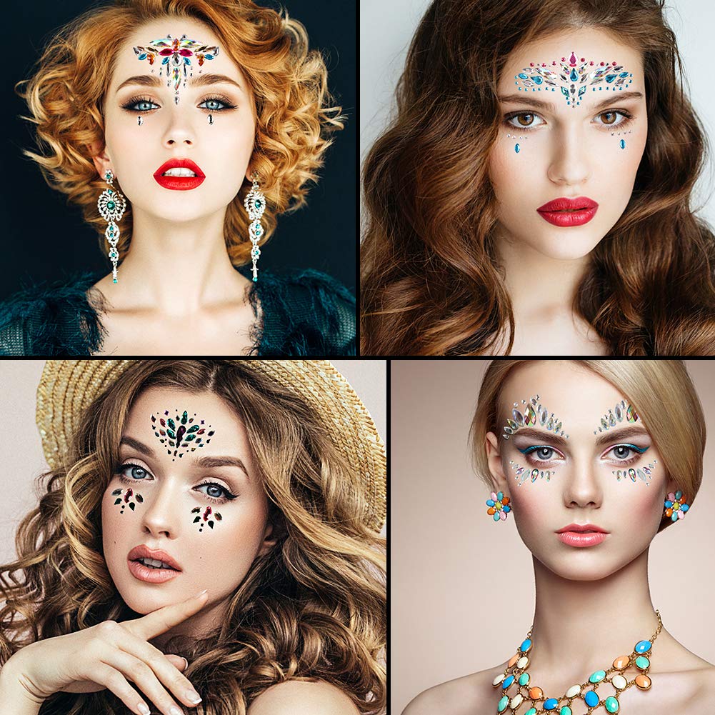Ciaoed Strass Juwelen Face Tattoo,Acryl Face Sticker Regenbogen Tränen Kristall Glitzersteine Glitter Temporäre Glitzer Kostüm Gesicht Edelsteine Aufkleber für Parties,Maskerade,Rave Festival(4 Stück)