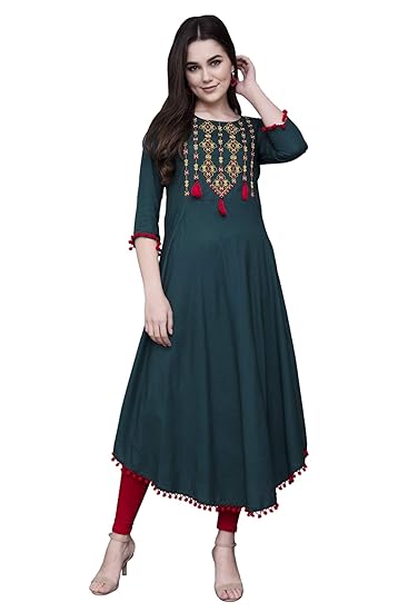 Women Rayon Regular Embroidered Kurta (PETROLGREEN)