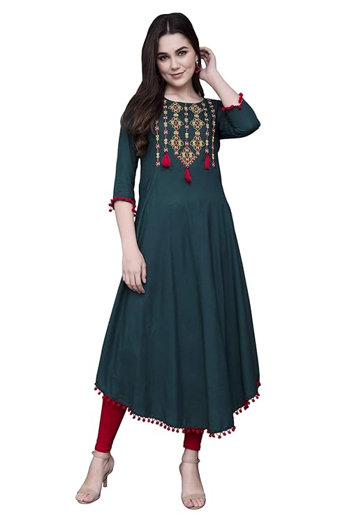 Women Rayon Regular Embroidered Kurta (PETROLGREEN)