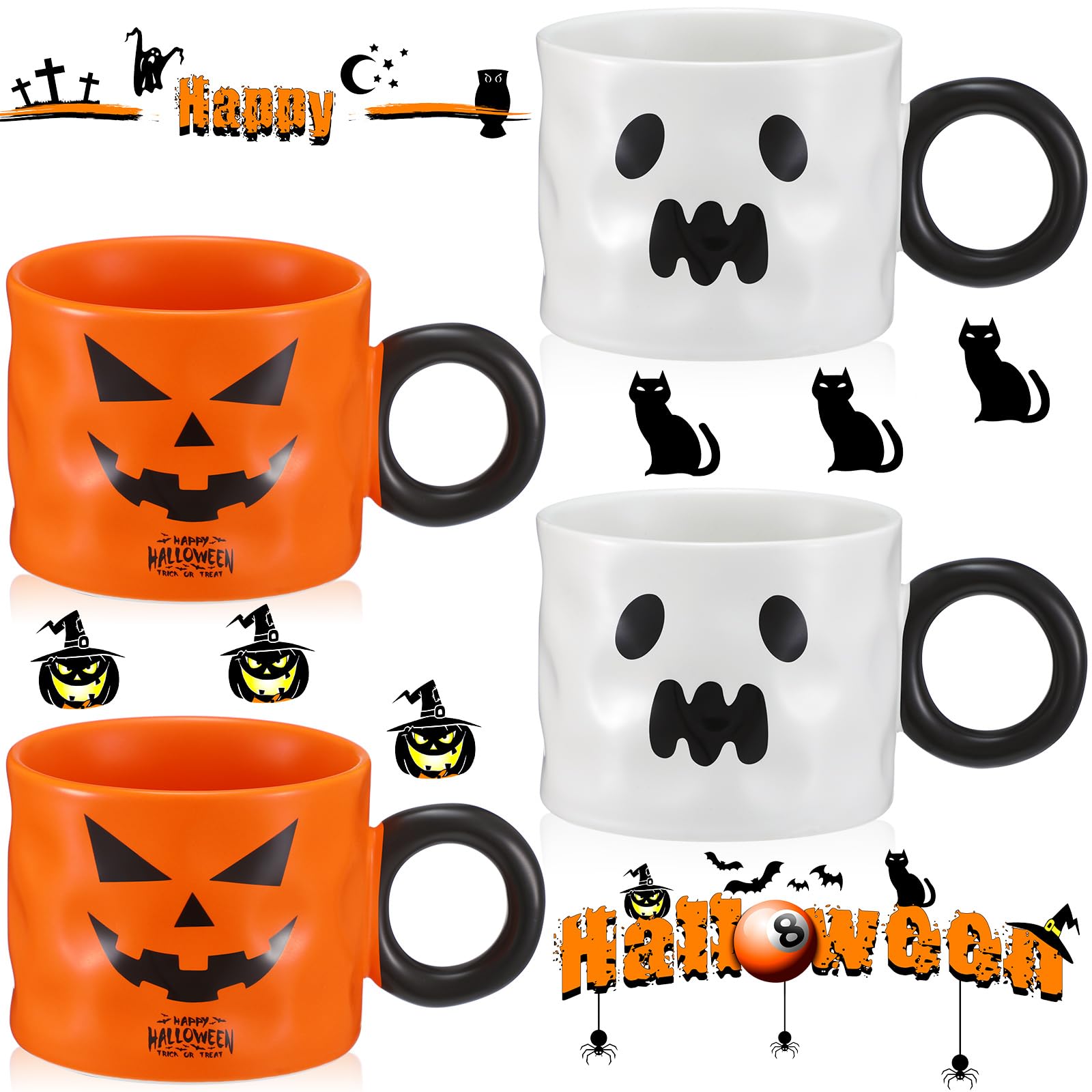 Photo 1 of Zhehao 4 Pieces Halloween Mugs 15oz Mug Set Halloween Coffee Mugs with Handle Halloween Ceramic Matching Mugs for Home Office Table Centerpieces Housewarming Holiday Party Gift(Cute Style)