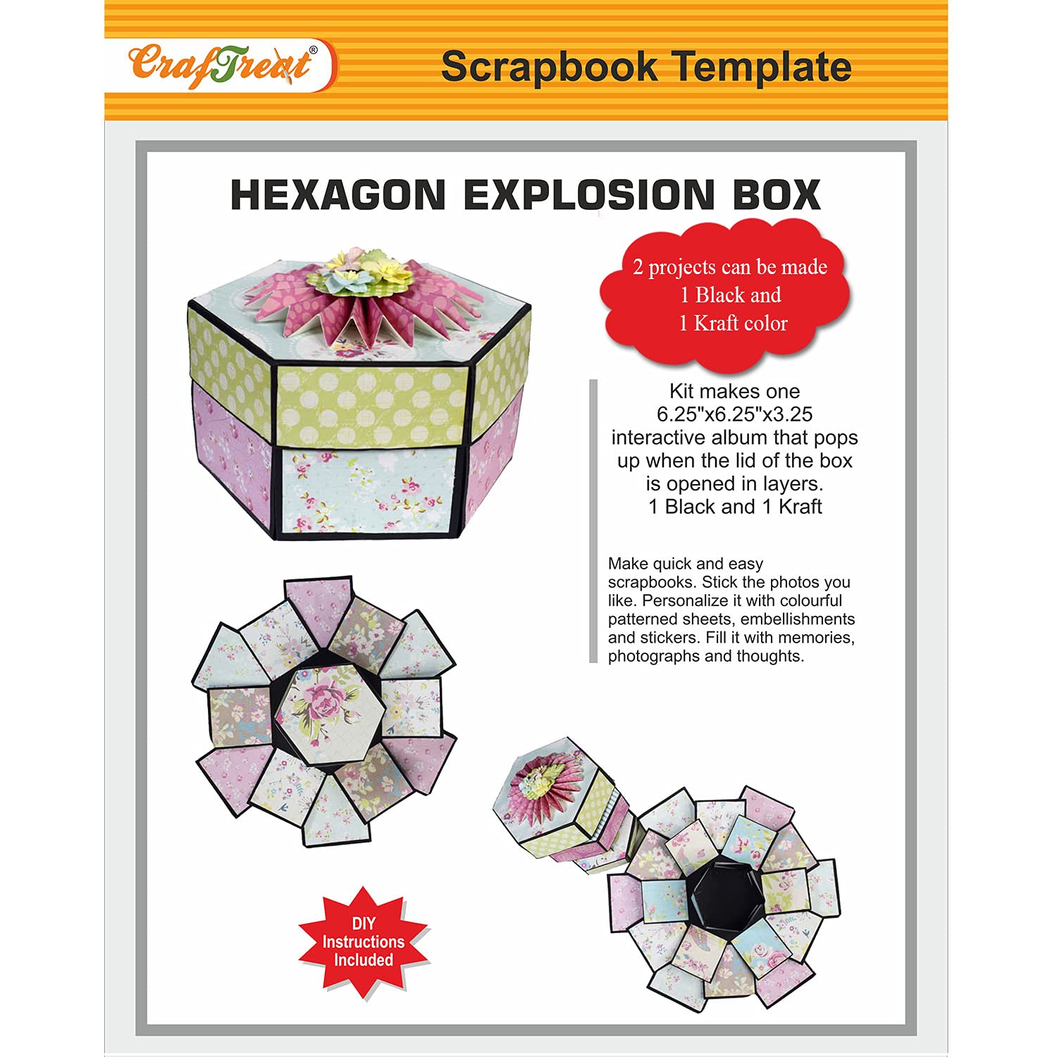 CrafTreat Hexagon Explosion Box Scrapbook DIY Kit Photo Album for Wedding, Anniversary - Contains Precut Base for Making 2 Album of Explosion Box (1 Black and 1 Kraft Color) 6.25X6.25X3.25 Inches