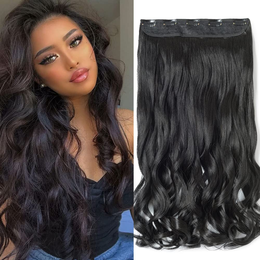 24 Inch One Piece 5 Clips Matte Material Hair Extension Curly Wavy Clip In Hairpiece Synthetic For Women Beauty, Natural Black
