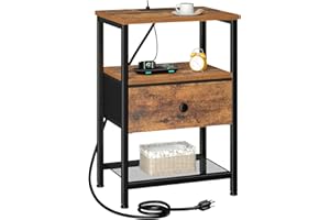 LOAKEKEL Night Stand, Nightstand with Charging Station, End Table with Storage Fabric Drawer for Bedroom, Small Bed Side Table with USB Ports and Outlets for Living Room, Brown, HETS010BR-1