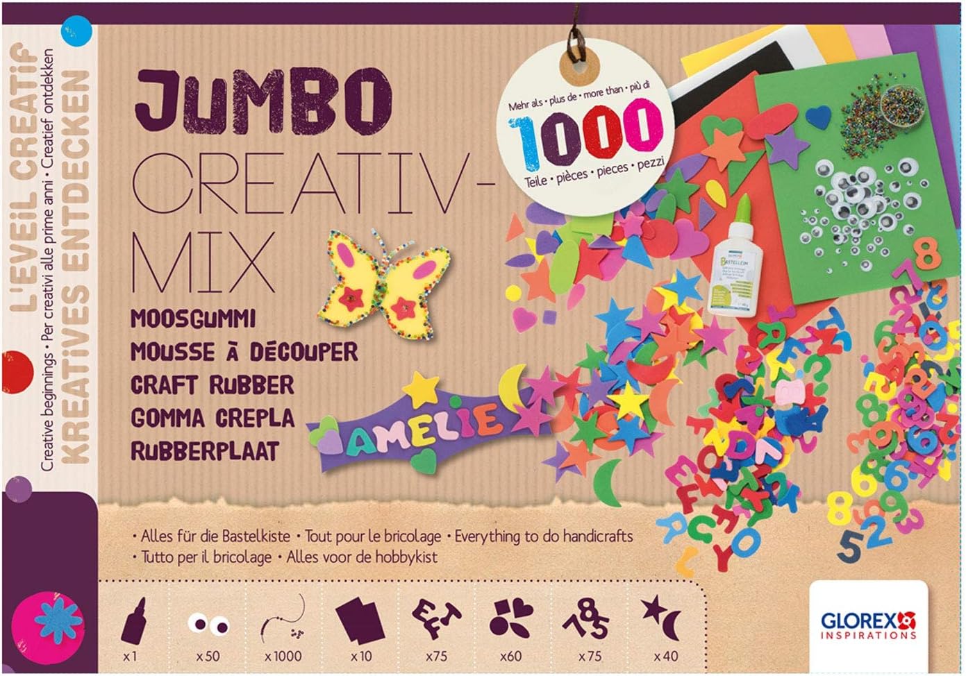 GLOREX 6 2245 030, Jumbo foam rubber Creativ Mix, consists of 1000 parts, with foam rubber sheets, letters and numbers